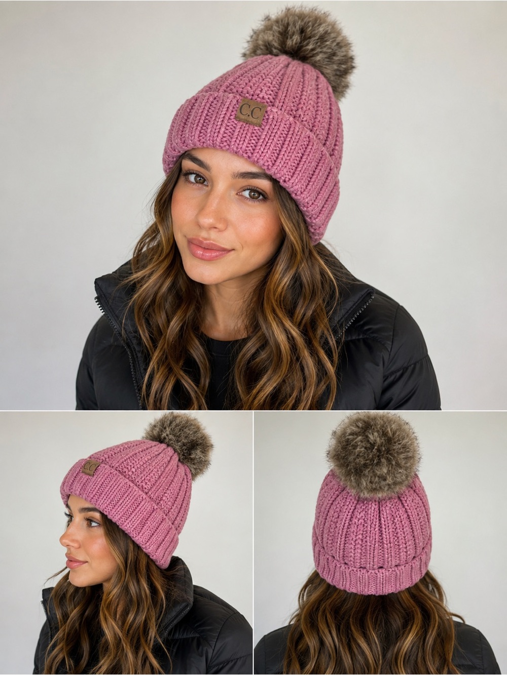 C.C Exclusives Mauve Pink Faux Fur Pom Pom Chunky Knit Beanie